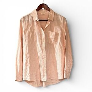 Peach Striped Linen Blend Button Down Shirt Coastal Grandmother Long Sleeve S